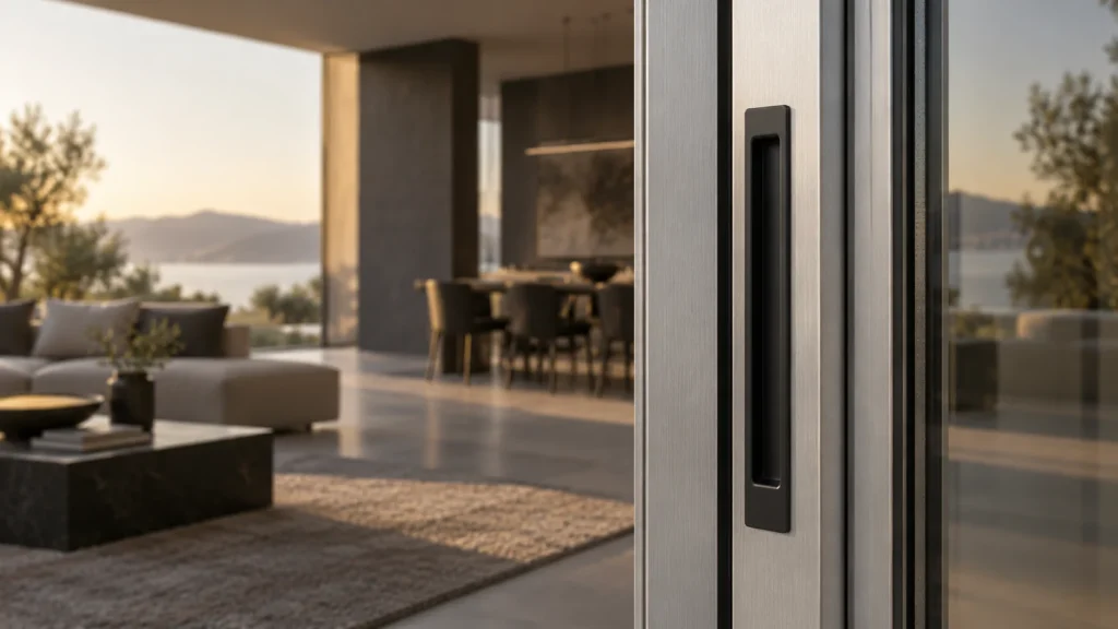 Illustrative narrow aluminium door frame and handle